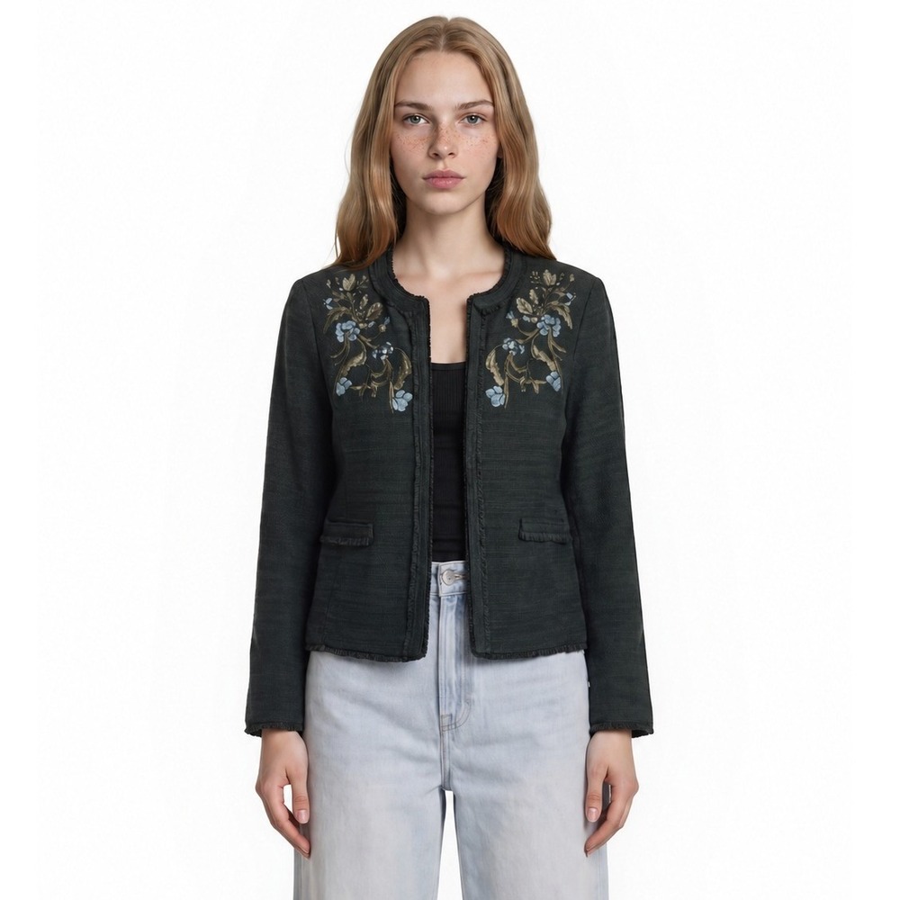 Chico's Cardigan Sweater Jacket Women Size 3 US XL Green Floral Embroidered Open